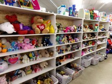 TOYS!  This is our shelves of plush toys.  Plus large items on top.  Prices vary but there's a little cuddly item for everyone needing a hug.
$2.20