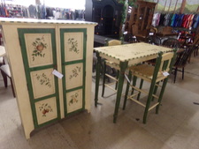 OLIVE DECOR.  Get this cute bar-high table with 2 bar stools and matching cabinet.  Cabinet is 1' deep, 3ft wide and 4ft tall.  Has 2 shelves.  All items match with olive branch design
$400.00
