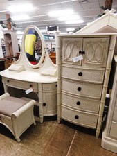 TWIN BEDROOM SET.  This is a very eye-catching wood/rattan blend.  Vanity with bench, plus the chest is a 24