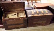 Antique steam trunks
Wood and metal exteriors
Trunk on the left has wooden insert lined with old newspaper
*Trunk on right is featured items - does not have with wooden insert inside
$84.40