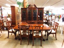 Pinial top hutch with matching dining table & 6 chairs.  Hutch is 7 ft wide, table also 7 ft wide as pictured and comes with 2 large leafs- chairs have white seats.  Beautiful set.
$2246.30