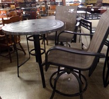Tall outdoor table with grey/tan stone mosaic top
Comes with two tan swivel chairs
3pc set
$195.00
