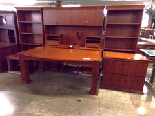 COMPLETE DESK ENSEMBLE.  Hutch-topped desk is 6ft wide, has file boxes and chair. Table is also 6' w. 2Drw.File cab -is 3' w., corner table 2'square, and 3'wide book shelf units as tall as desk hutch.  Wow!
$2107.40