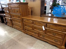 This large bedroom ensemble is golden oak.  long dresser, upright dresser and 2 side tables.
$334.80