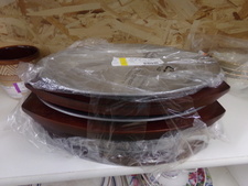 METAL STEAK PLATES.  Set of 4 with the wood bases.  Heat them up on the grill while you grill your food!  find with dishes sets - the only ones we have
$12.00