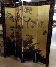 Oriental room divider
Gold and black bird and flowers on this side. 
Other side is black and green with lotus flowers and cranes.
$850.00